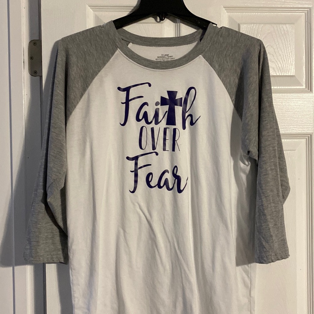 Faith over Fear baseball tee. Design is in purple. Size xlarge. Worn once.